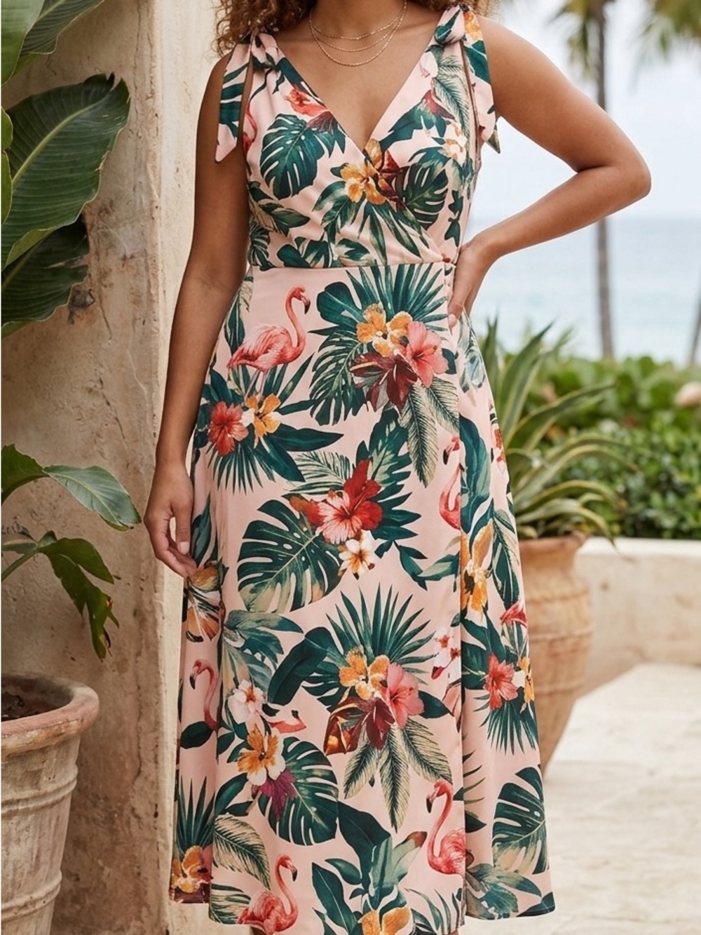 Sam Edelman Tropical Flamingo Tie-Shoulder Maxi Dress Pink Floral Size 12
